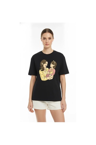 Novalisse Anneler Günü Hediye Anne Kız Temalı Baskılı Oversize Bisiklet Yaka T-shirt - Siyah Çoklu Renk