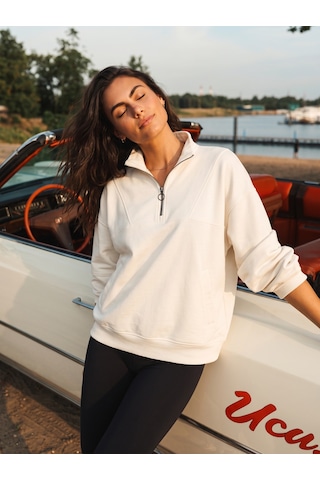 Onloox Kadın Ekru Ekru Pamuklu Dik Yaka Oversize Yarım Fermuarlı Cep Detaylı Sweatshirt