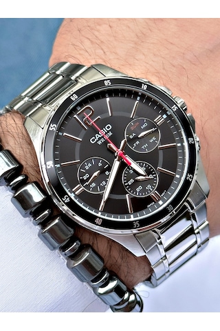 Casio Gümüş Renk Siyah Kadran Çelik Kordon Fonksiyonlu Erkek Kol Saati + Bileklik Hediyeli Nda94