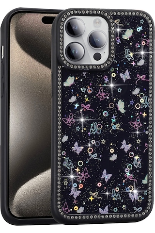 Apple Uyumlu iPhone 14 Pro Max Kılıf Taşlı Ve Simli Tasarım Mkst Azra Kapak - Pembe Pembe