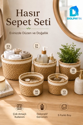 5 Li Hasır Sepet Seti Çok Amaçlı Dekoratif Düzenleyici Organizer Saksı Kılıfı