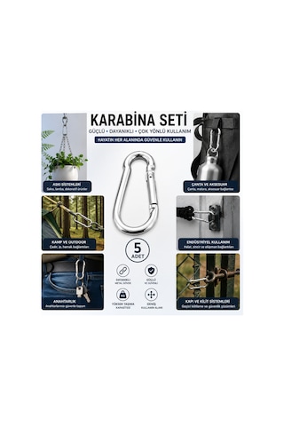 5 Adet Metal Karabina Kancası Seti Yaylı Kilitli Çok Amaçlı Bağlantı Ve Askı Aparatı
