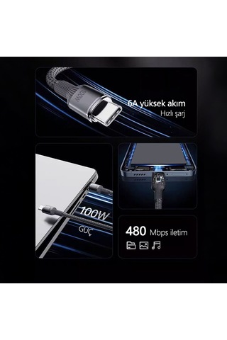 100w Çift Type-c Dokuma Şarj Kablosu 1.5 Metre 6a Yüksek Akım Lav Desenli Volfram Kılıf 1,5 Metre Tip-c - Tip-c