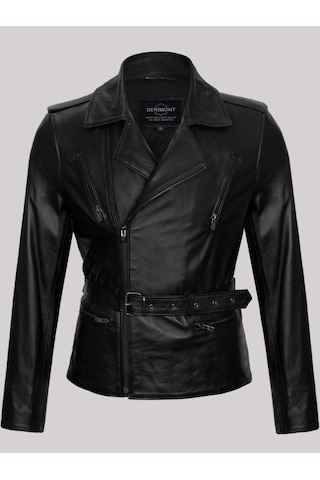 Hakiki Kuzu Derisi Siyah Erkek Deri Mont Beli Kemerli Yandan Fermuarlı Deri Ceket Siyah