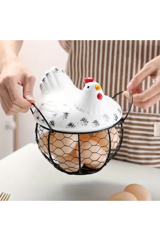 Willowhaven Beyaz Seramik Yumurta Saklama Kutusu Tavuk Desenli Metal File Ve Çiçek Dekor Beyaz
