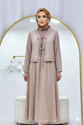 Lovie Moda Müslin Dokulu Bağlamalı Etekli Takım Bej