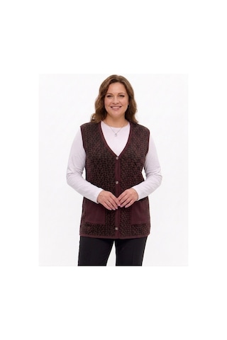 Onno Style Women Çelik Örgü Klasik Leopar Desen Triko Yelek Bordo