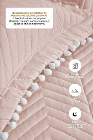 Evlen Home Ollie %100 Pamuk Yatak Örtüsü Pike Takımı Çift Kişilik Ponponlu Kapitone Günlük Pudra