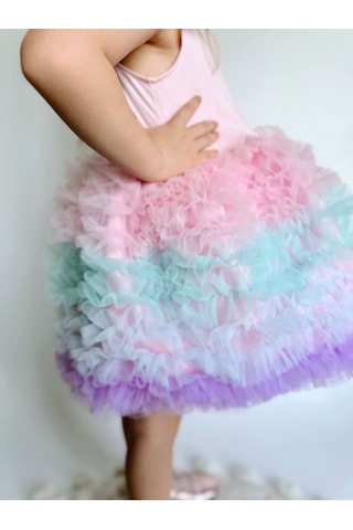 Linola Baby Kids Rainbow Tütü Etekli Kısa Kollu Çocuk Elbisesi Pembe