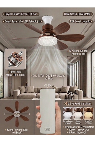 Crystal Aura 52 Cm Ultra Sessiz Ahşap Renk Led Tavan Vantilatörü 3 Kademeli Bakır Motor Kumandalı Kristal Avize Vantilatör