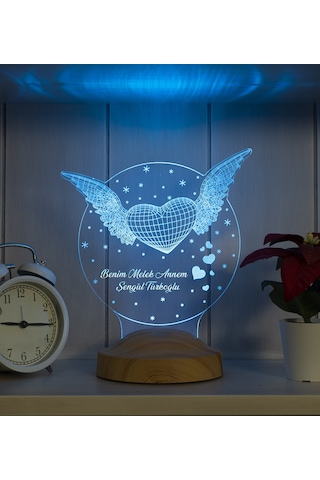 3D Led Lamba 3Boyutlu Melek Annem Kanatlı Kalp Kişiye Özel Hediye
