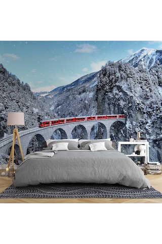 Köprü Ve Tren Dağ Manzaralı Duvar Kağıdı 1 M²