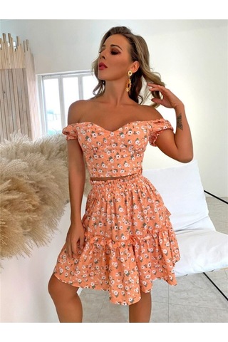 Minik Çiçek Desenli Düşük Omuz Bağcık Korse Bluz Etek Takım Turuncu Turuncu