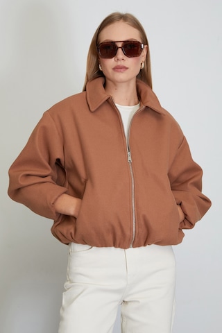 Fullamoda Fermuarlı Cepli Polo Yaka Kaşe Bomber Mont Taba