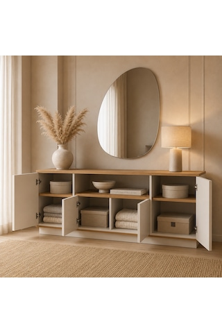 Voguemaxima Home Aura 4 Kapaklı Raflı Konsol 180x44,5x75 Cm Beyaz Atlantik Çam Atlantik Çam - Beyaz