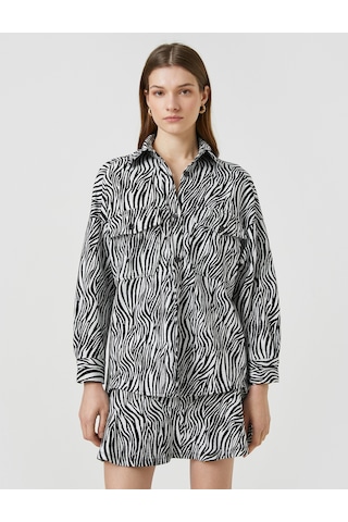 Koton Zebra Desenli Gömlek Cepli Uzun Kollu Siyah Desenli 3sak60014ek Siyah