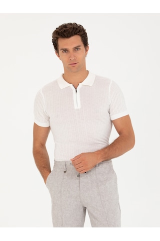 Beyaz Slim Fit Polo Yaka Triko T-shirt