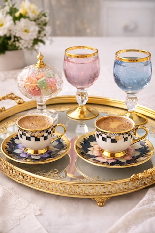 Porselen Gold Ayaklı Renkli Tombul Dama Desenli 6 Lı Türk Kahve Fincan Takımı-balsa Fincan Takımı Sarı - Çok Renkli