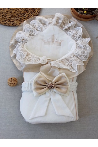 Yenidoğan Nil Taç Nakışlı Kumru Kundak Bebek Battaniyesi Sütlü Kahve Çok Renkli