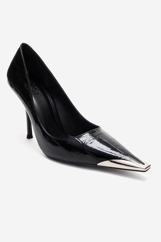 Luvishoes Alvena Siyah Baskı Önü Metal Detaylı Kadın Topuklu Ayakkabı Siyah