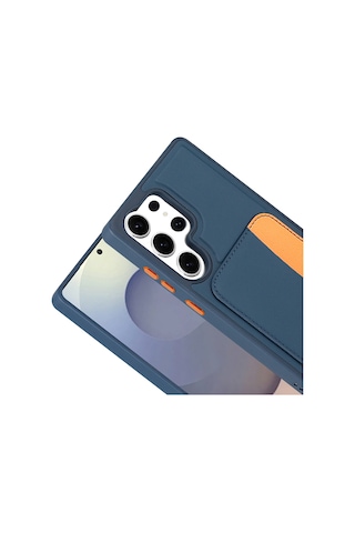 Samsung Uyumlu Galaxy S25 Ultra Kartlıklı Süni Deri X kart Cüzdan Silikon Kapak Lacivert