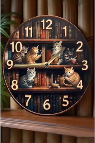Sessiz Yuvarlak Ahşap Duvar Saati, Kuvars Hareketli 2d Kedi Desen Sdw018 Renkli