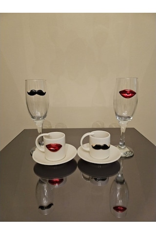 Dudak Bıyık Kahve Fincanı Ve Su Kadehi Seti