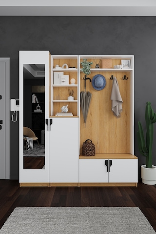 Lüks Aynalı Portmanto Askılı Vestiyer %100 Mdf Çok Raflı Ayakkabılık V03 Beyaz - Karına