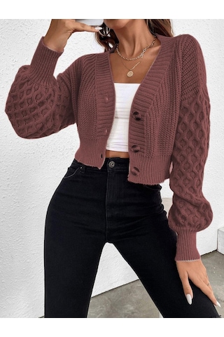 Aqe Fashion V Yaka Örgü Desenli Triko Crop Tarçın Hırka Tarçın