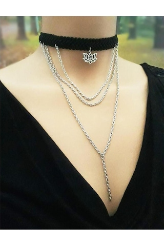 Lotus Çiçeği & Zincir & Özel Dokuma Kadın Choker Kolye Renkli