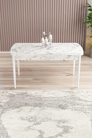 Familieconcept Almira Serisi, Beyaz Mermer Desen 80x132 Açılabilir Mdf Mutfak Masası Takımı 6 Adet Sandalye Gri