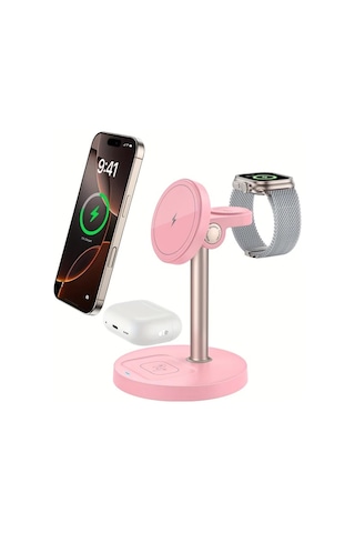 Honeybeeshop Pembe 3lu 1 Arada Manyetik Kablosuz Sarj Standi İphone İOs Watch Uyumlu Airpods İcin