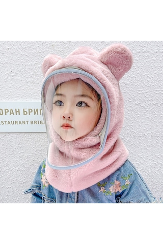 Ikkb Çocuk Rüzgar Geçirmez Maske Yaka Peluş Kulaklıklı Deri Pembe Ekru - Pembe