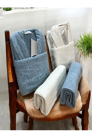 Banyo Çeyiz Seti, %100 Pamuk Bornoz Takımı, 8 Parça Aile Bornoz Seti, Havlu & Havlu Seti Mavi-krem Mavi