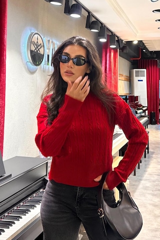 Madmext Kırmızı Yarım Balıkçı Yaka Örgülü Triko Kadın Kazak Mg2257 Kırmızı