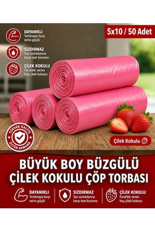 50 Adet Çilek Kokulu Büyük Boy Büzgülü Çöp Torbası 65x70 5x10