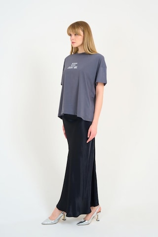 Düz Uzun Saten Etek - Siyah Siyah