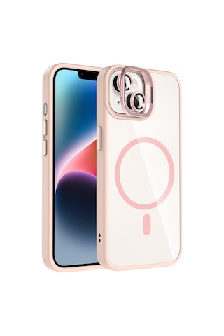 iPhone Uyumlu 14 Kılıf Standlı + Kamera Lens Koruma Setli M-safe Şarj Özellikli Mkst Etro Kapak Pembe Pembe