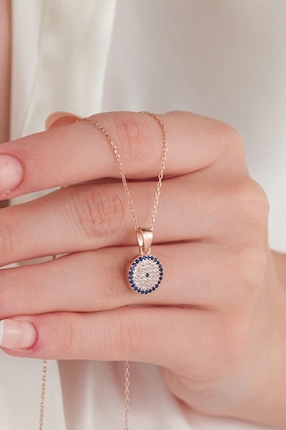 Tmt Silver 11 Mm Gümüş Rose Kaplama Mavi Lacivert Nazar Boncuklu Boncuğu Göz Kolye