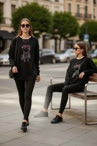 The Kadın Kedi Nakışlı Sweatshirt Rahat Kalıp 3 İplik Şardonsuz, Siyah & Gri Melanj Siyah