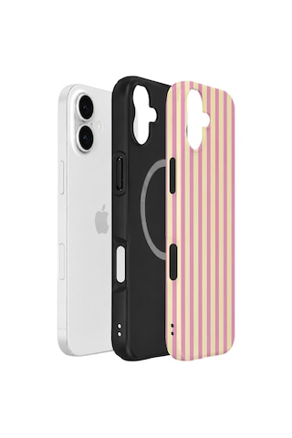 Apple iPhone Uyumlu 17 Vorian Çift Katmanlı Magsafe Kılıf Pink Lemon Pinstripe