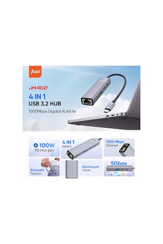 Juo Type-c 4 Portlu 1x Usb-a 1x Type-c Rj45 Gigabit Ethernet 100w Pd Şarj Girişi Çoklayıcı Dönüştürücü Hub