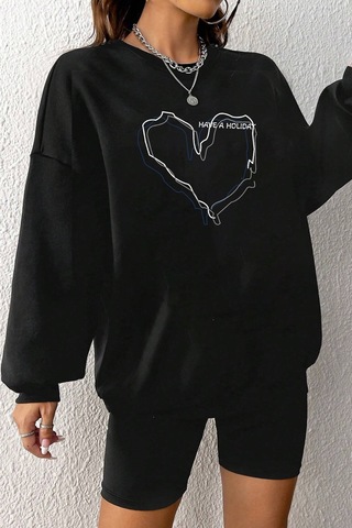 Unisex Holiday Baskılı Bisiklet Yaka Sweatshirt Siyah