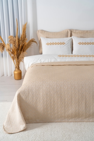 Parla Cappuccino Nakışlı Çift Kişilik Nevresimli Pike Seti - 8 Parça Çeyiz Seti Cappuccino