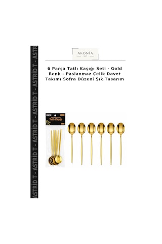 6 Parça Tatlı Kaşığı Seti - Gold Renk - Paslanmaz Çelik Davet Takımı Sofra Düzeni Şık Tasarım Çok Renkli