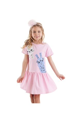 Denokids Muzip Kediler Kız Çocuk Elbise Pembe