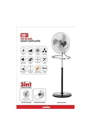 Marsstar Ms-18 Asil 18'' Sanayi Tipi Vantilatör 90w Güçlü Motor, 3in1 Ayaklı Duvar Yer Tipi Kullanım