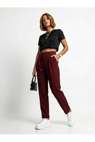 Ribana Classic Kadın Dar Paça Pileli Mevsimlik Klasik Moda Kumaş Pantolon 4687 Bordo