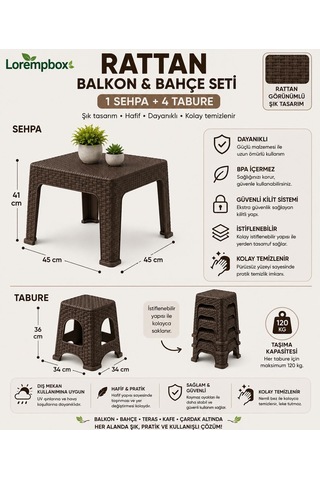 Lorempbox Rattan Balkon & Bahçe Seti 5 Parça 1 Sehpa + 4 Tabure Diğer