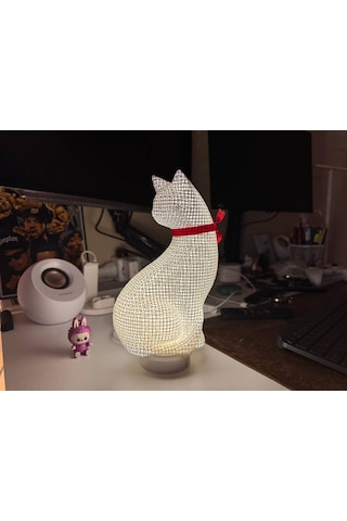 Sincara Home Kedi Petek Dekor / Masa Ve Gece Lambası / Beyaz Kedi - Kırmızı Kurdele